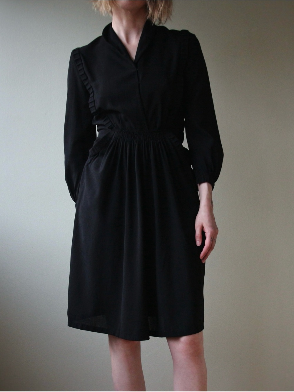 1930's Wool Crepe Little Black Day Dress - Picture 3 of 10